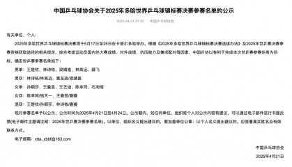 中国乒乓球队公示多哈世乒赛参赛名单