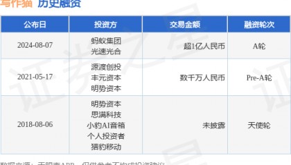 写作猫公布A轮融资，融资额超1亿人民币，投资方为蚂蚁集团、光速光合等