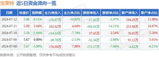 股票行情快报：宝莱特（300246）7月12日主力资金净卖出176.87万元