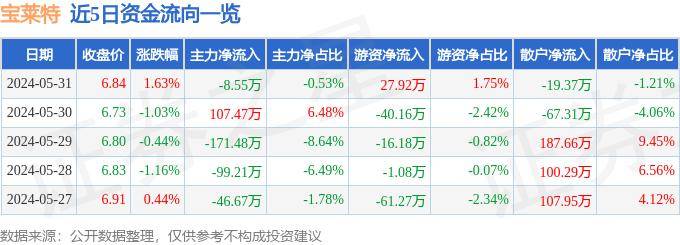 股票行情快报：宝莱特（300246）5月31日主力资金净卖出8.55万元