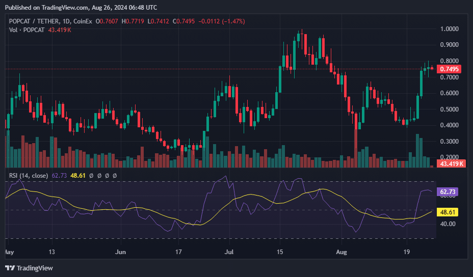 新 MEME 猫币 Popcat 7 天内上涨 96%，下一步看涨趋势分析